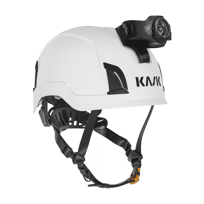 Weißer KASK Industriehelm mit montierter KASK KL-1 Head Lamp Stirnlampe IP54, 2 Funktionen, LED-Arbeitsleuchte für Helme