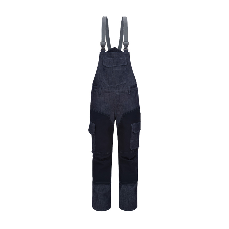 Dunkelblaue HB ComFlex Aramid Schweisser Stretch Latzhose Klasse 2 von HB Protective Wear mit Trägern, Brusttasche und verstärkten Beinpartien für sicheren, komfortablen Einsatz in Schweißerei und Metallbau