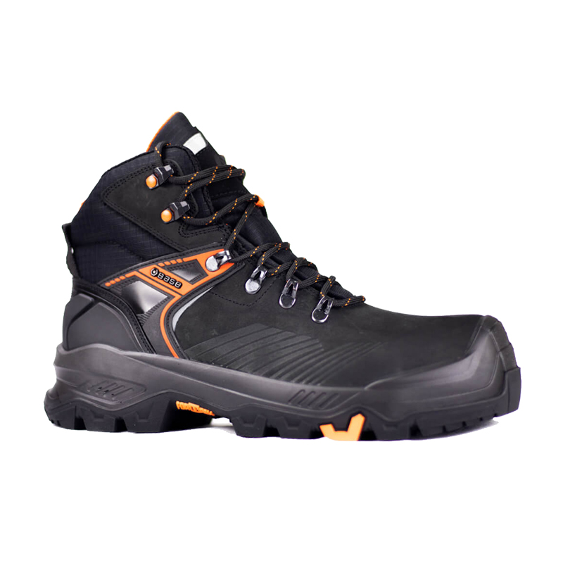 BASE T-Rex Mid S3S Sicherheitsstiefel B1601, schwarzer robuster Arbeitsstiefel aus wasserabweisendem Nubukleder mit orangefarbenen Details und profilierter Sohle