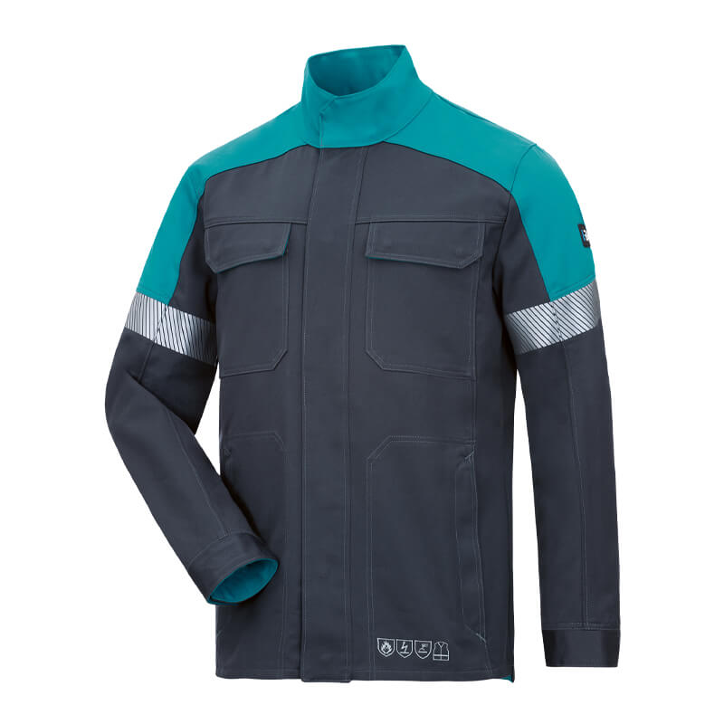 Frontansicht der HB HeavyMetal Pro 430 Gießerei Jacke D3 + E3 von HB Protective Wear in Dunkelgrau mit türkisfarbenen Schultern und reflektierenden Ärmeldetails