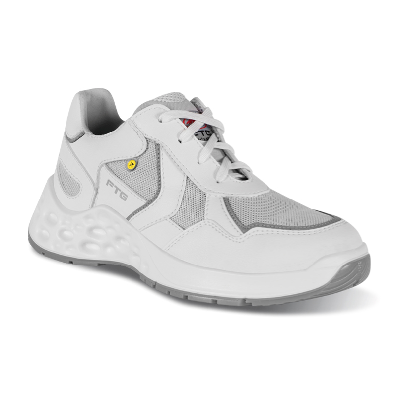 FTG Prism S3S ESD Sicherheitsschuh aus der Dynamic Line, weißer metallfreier Halbschuh aus wasserabweisender Mikrofaser mit rutschhemmender Sohle