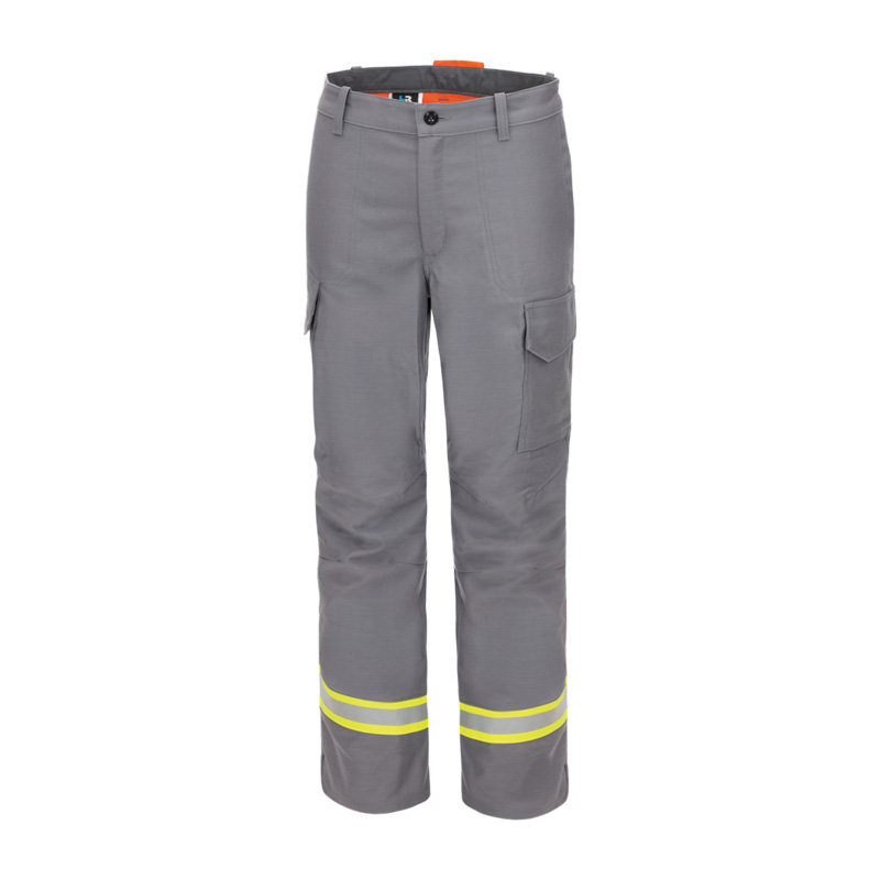 Graue HB Iron Pro Gießerei Hose gegen Eisenspritzer E3 von HB Protective Wear, robuste Schutz-Arbeitshose mit Seitentaschen und gelben Reflexstreifen am Bein