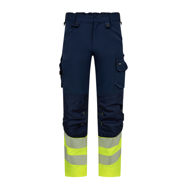 Frontansicht der ENGEL Safety Stretch Warnschutz Hose Klasse 1 | 2346-124 in Navy mit fluoreszierend gelben Beinabschlüssen, Reflexstreifen und praktischen Taschen