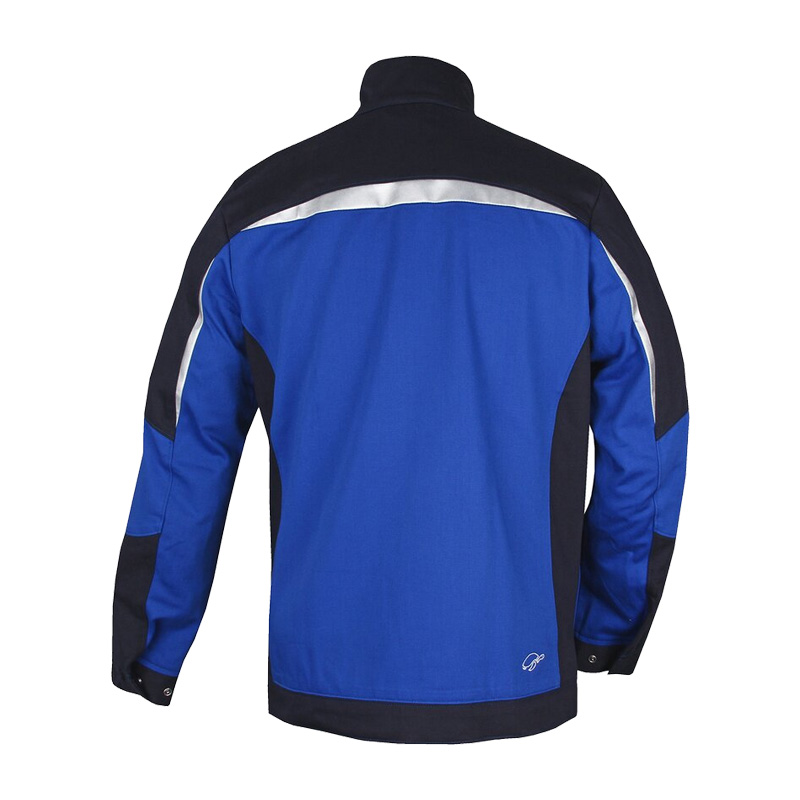 Rückansicht der HB ArcSelect MultiNorm Jacke 4 kA | APC1 von HB Protective Wear in Blau-Schwarz mit hohem Kragen und Reflexpaspeln