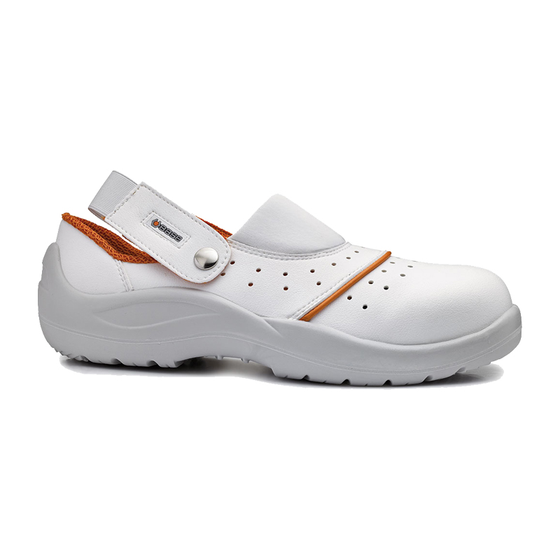 BASE Osmo Hygiene SB Sicherheitssandalen Clogs B0505 von BASE, weiße Sicherheitssandale aus Mikrofaser mit Fersenriemen und rutschfester Sohle für Hygiene- und Arbeitsbereiche