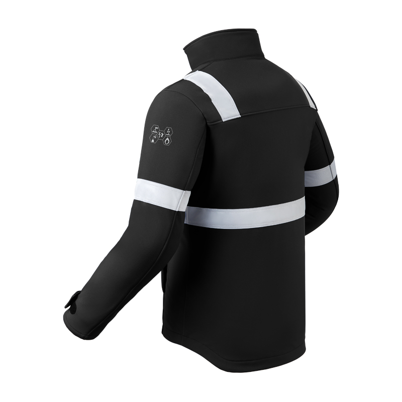 Rückansicht der HaVeP 5Safety 50383 MultiNorm SoftShell Jacke APC1 in Schwarz mit silbernen Reflexstreifen an Schultern, Armen und Rücken