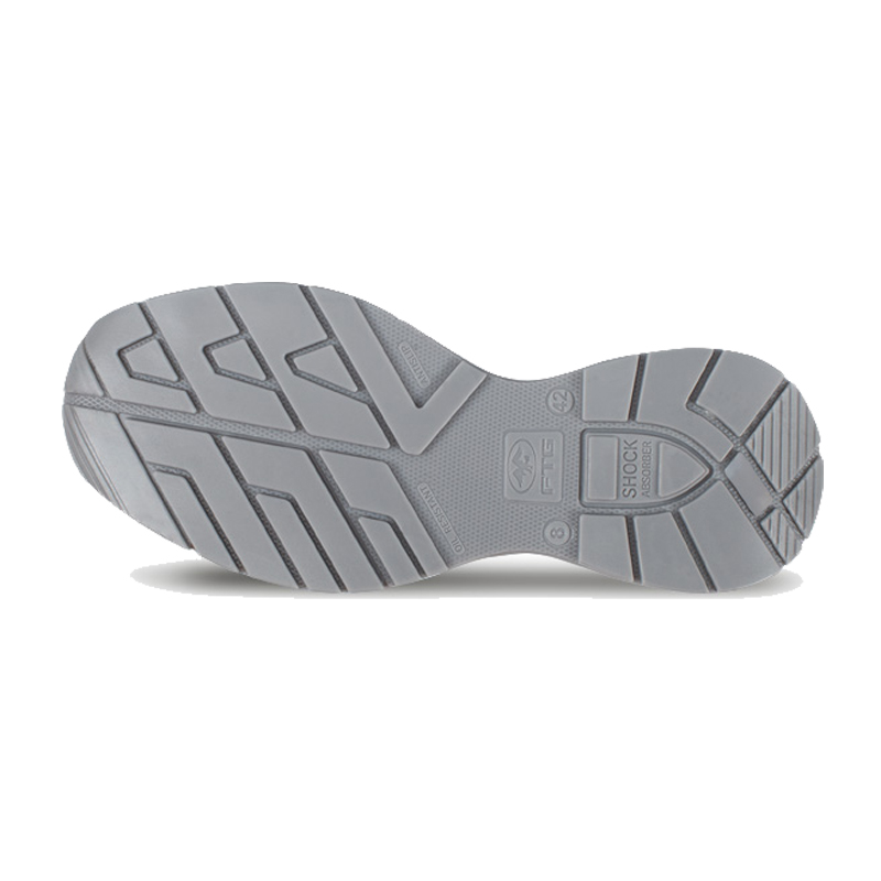 Unteransicht der grauen Laufsohle des FTG Prism S3S ESD Sicherheitsschuhs Dynamic Line, metallfreier Halbschuh aus wasserabweisender Mikrofaser