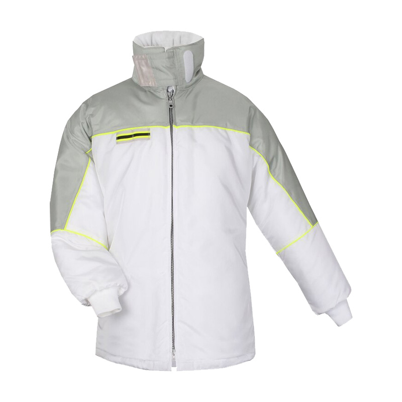 TEMPEX HYGIENE Kühlhaus Jacke von HB Protective Wear, hygienische Kälteschutzjacke für Kühlräume von 0 bis 10 °C, in Weiß-Grau mit Stehkragen, Frontreißverschluss und Reflexdetails