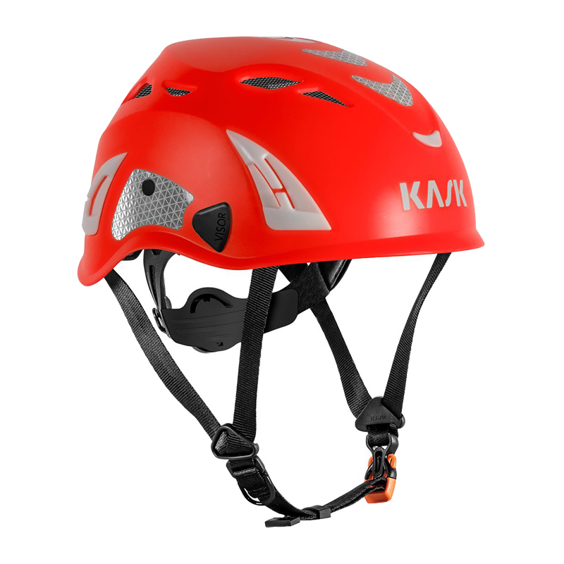 Kask SUPERPLASMA AQ HI VIZ Industriehelm EN 397, roter Sicherheitshelm mit Belüftung, Reflexelementen und Kinnriemen