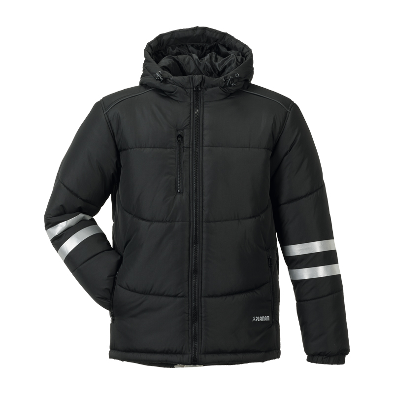 Planam Craft Jacke gefüttert mit Reflexstreifen in Schwarz, warme Arbeitsjacke mit Kapuze und silbernen Reflexstreifen an den Ärmeln