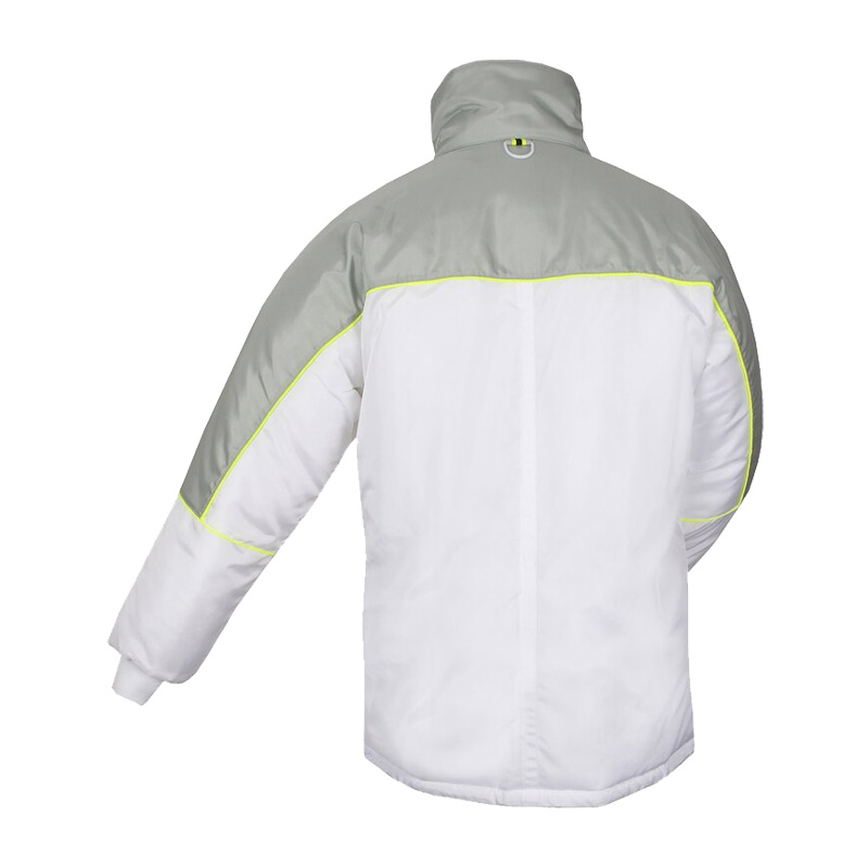 Rückansicht der TEMPEX HYGIENE Kommissionierer Gefrierhaus Jacke von HB Protective Wear in Weiß-Grau, robuste Kälteschutzjacke für die Lebensmittelindustrie, zertifiziert nach EN 342, Schutz bis -49 °C