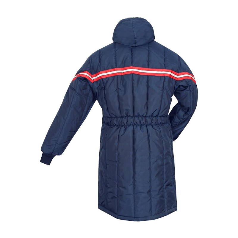 Rückenansicht des TEMPEX CLASSIC Gefrierhaus Besuchermantels von HB Protective Wear in Dunkelblau mit Reflexstreifen, Kapuze und langem Schnitt für Kälteschutz bis -49 °C