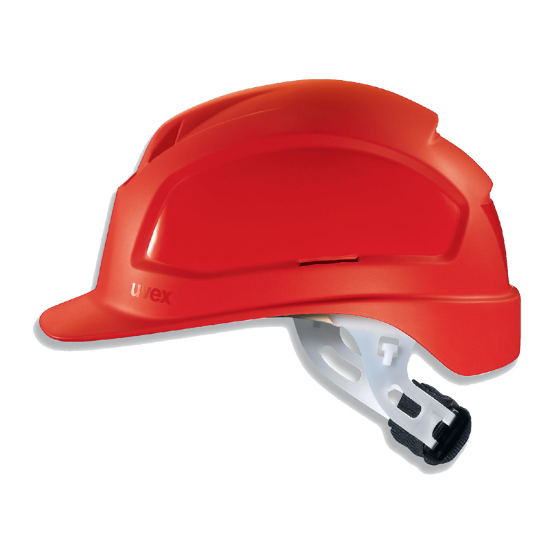 Roter UVEX Elektriker Helm mit Drehrad, Seitenansicht, nach EN 50365 für Arbeiten bis 1000 VAC