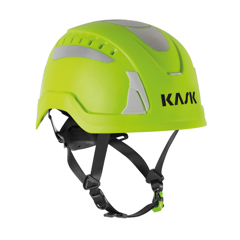 Kask PRIMERO AIR HI VIZ Industriehelm EN 397 + EN 50365 in Neon gelb mit Reflexelementen und Kinnriemen, Seitenansicht