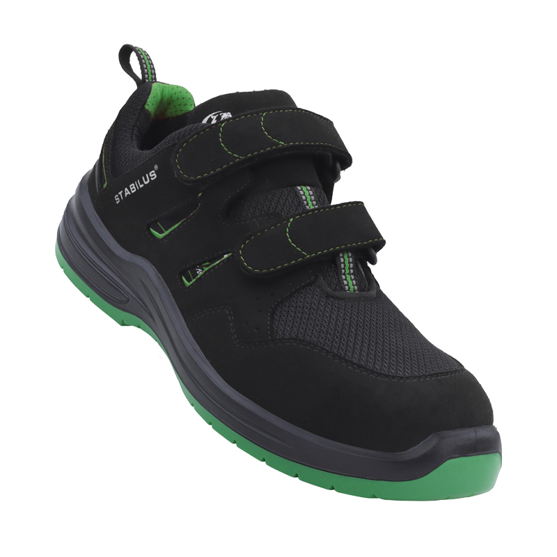 Stabilus Cody Air Green ESD S1PL Sicherheitssandalen metallfrei 7411, schwarz-grün, mit Klettverschluss, atmungsaktivem Mesh und Mikrofaser