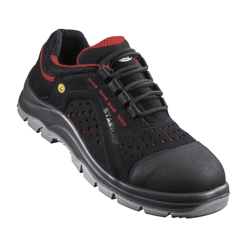 Stabilus Henry Low Red ESD S1P Sicherheitsschuhe metallfrei, leichter schwarzer Arbeitsschuh mit roten Details und flexibler Sohle