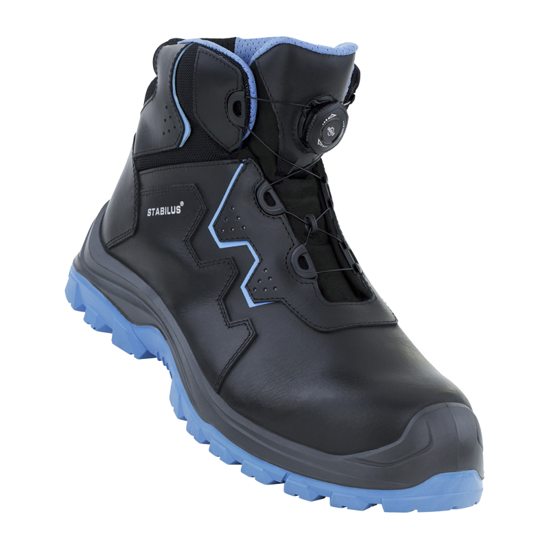 Stabilus Alex Mid Blue ESD S3S Sicherheitsstiefel mit Schnellschnürung, schwarzer Mid-Cut-Arbeitsschuh mit blauen Details und profilierter Sohle