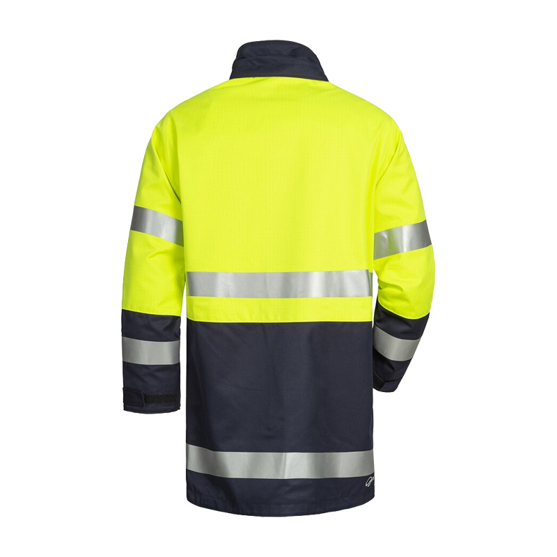 Rückansicht des HB Protective Wear MODarc & vis MultiNorm Warnschutz Parka Futterliners APC2 4 kA + 7 kA in Gelb/Navy mit Reflexstreifen