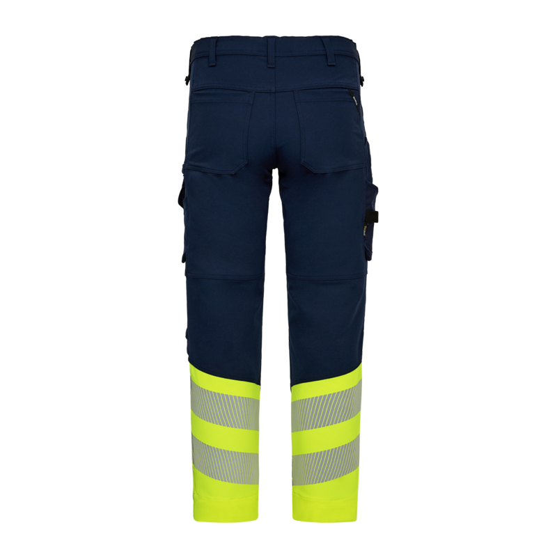 Rückansicht der ENGEL Safety Stretch Warnschutz Hose Klasse 1 | 2346-124 in Navy mit fluoreszierend gelben Beinen und Reflexstreifen