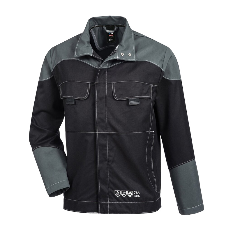 HB MODarc MultiNorm Blouson 4 kA + 7 kA | APC2 von HB Protective Wear, schwarze und graue Schutzjacke mit Brusttaschen und Stehkragen
