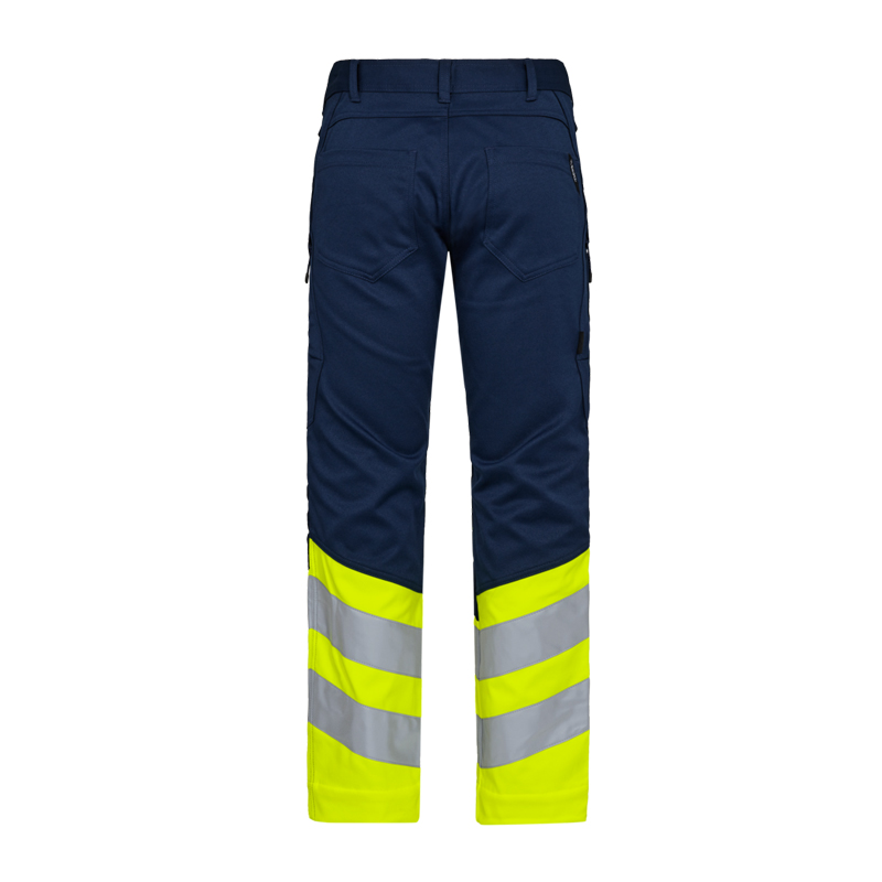 Rückansicht der ENGEL Safety Stretch Warnschutz Hose Klasse 1 2546-314 in Marinegelb mit breiten Reflexstreifen an den Beinen