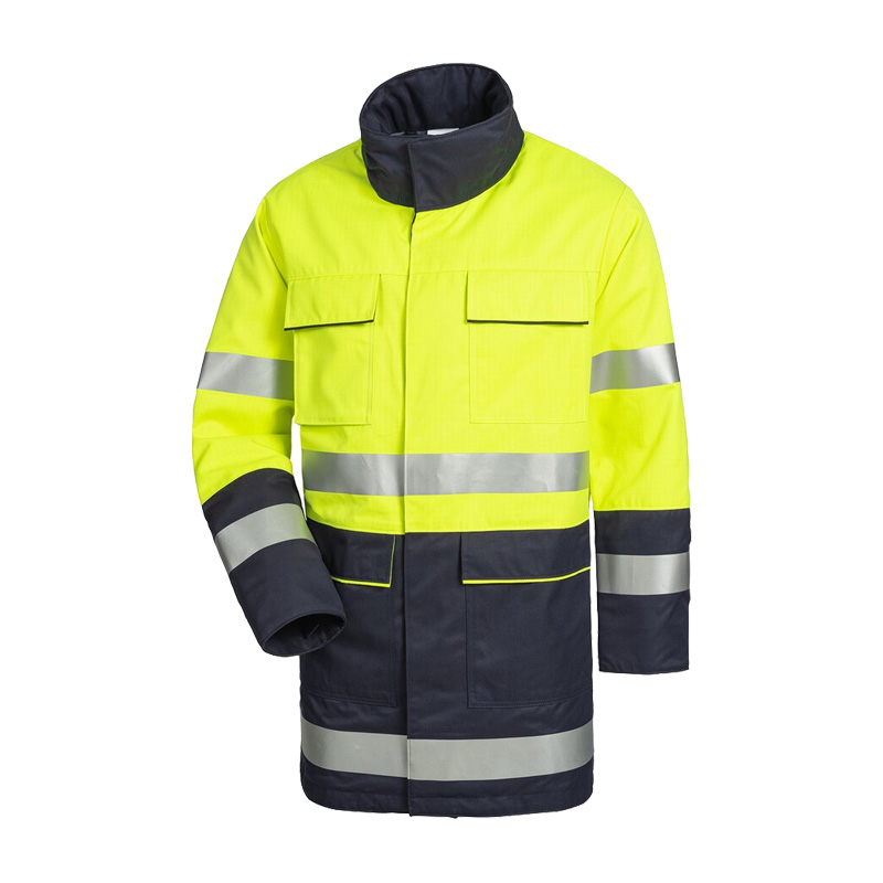 HB Protective Wear MODarc & vis MultiNorm Warnschutz Parka Futterliner 4 kA + 7 kA APC2 in Gelb/Marine, frontale Ansicht mit Reflexstreifen und hohem Schutzkragen