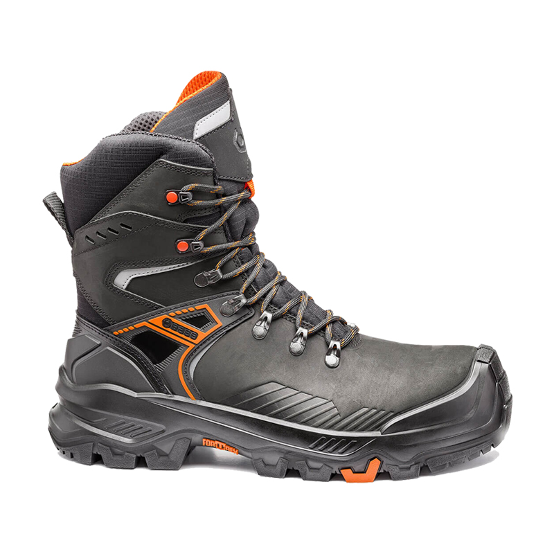 BASE T-Rex Top S3S Sicherheitsstiefel B1610 von BASE, schwarzer robuster Sicherheitsstiefel mit hohem Schaft, Profilsohle und orangenen Details