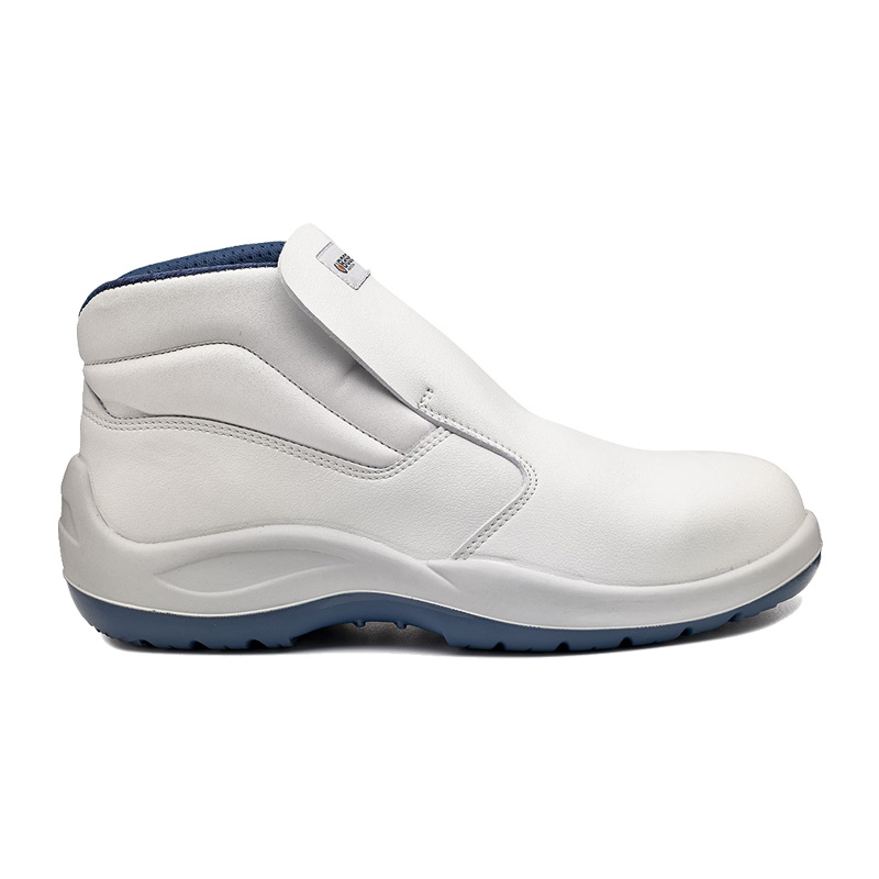 BASE Vandio Hygiene S2 Sicherheitsstiefel B0540 von BASE, weißer Hygienestiefel aus glattem Obermaterial mit rutschhemmender blauer Sohle in Seitenansicht