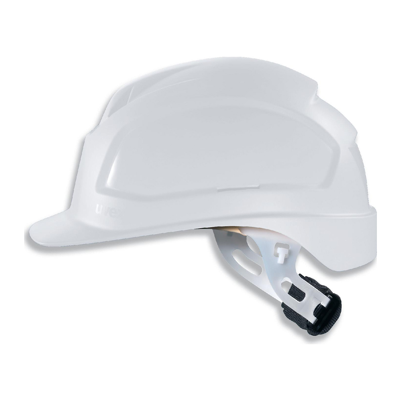Weißer Uvex Elektriker-Helm mit Drehrad, Seitenansicht, Schutzhelm nach EN 50365 für Arbeiten bis 1000 VAC