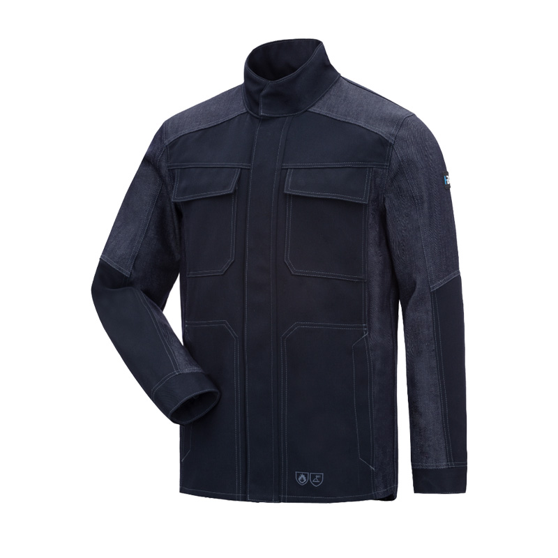 Dunkelblaue HB ComFlex Aramid Schweißer Stretch Jacke Klasse 2 von HB Protective Wear mit Stehkragen und Fronttaschen