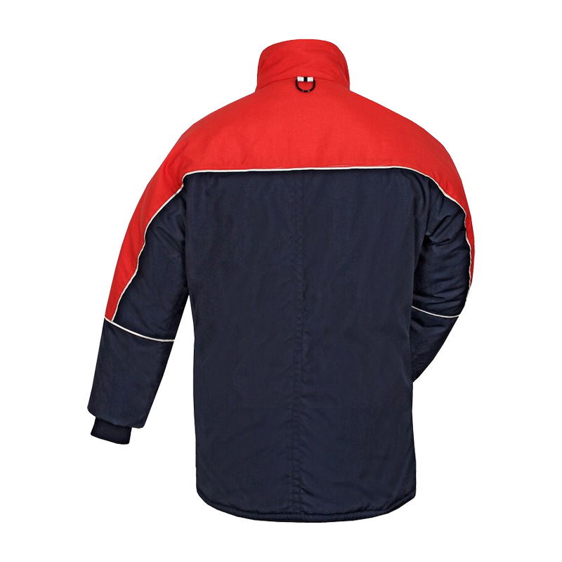 Rückansicht der TEMPEX COMFORT Kühlhaus Jacke von HB Protective Wear in Rot und Dunkelblau, Kälteschutzjacke für 0–10 °C mit robustem 4-lagigem Gewebe und Reflexpaspeln