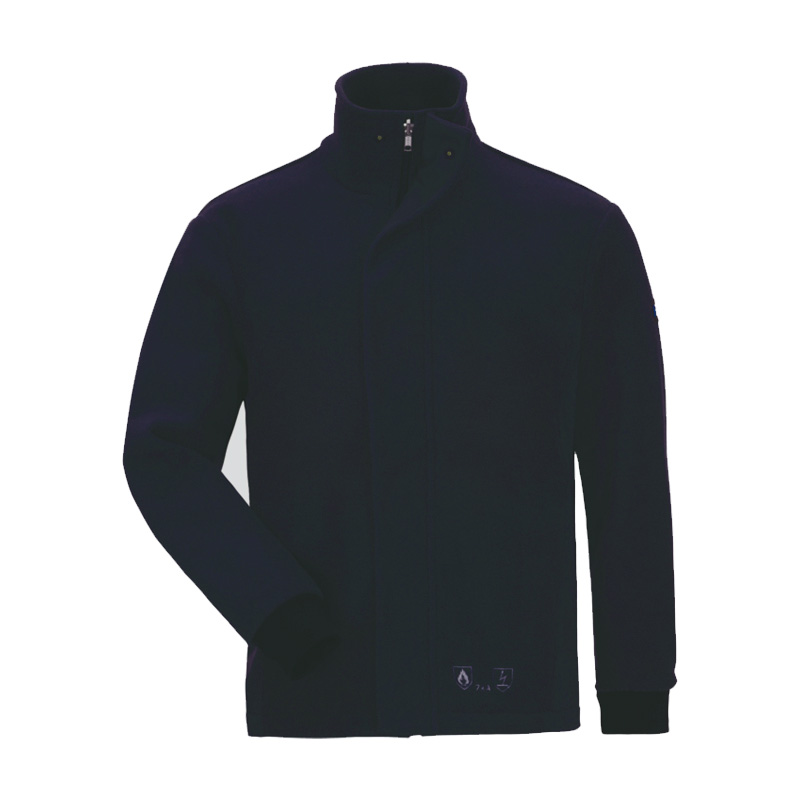 Dunkelblaue HB MultiPro MultiNorm Fleece Jacke 4 kA + 7 kA | APC2 von HB Protective Wear, Vorderansicht mit Stehkragen und Reißverschluss