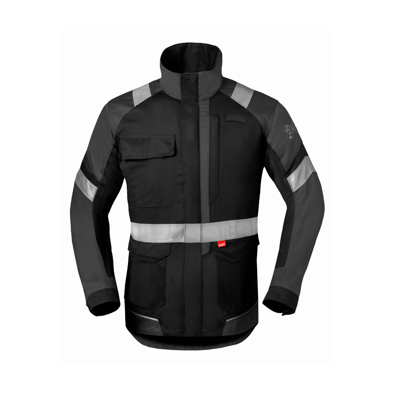 HaVeP 5Safety Image+ 50292 MultiNorm Jacke | APC2, schwarze Schutzjacke in Frontansicht mit anthrazitfarbenen Ärmeln, Stehkragen, Taschen und umlaufenden Reflexstreifen