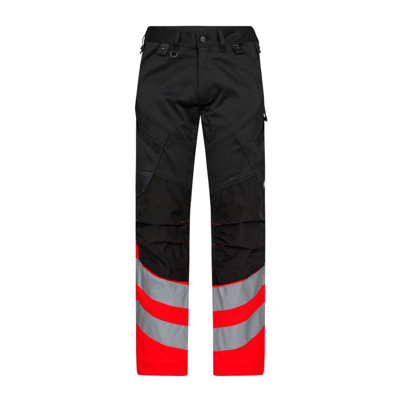 ENGEL Safety Stretch Warnschutz Hose Klasse 1 2546-314, schwarze Arbeitshose mit roten Beinabschlüssen und silbernen Reflexstreifen