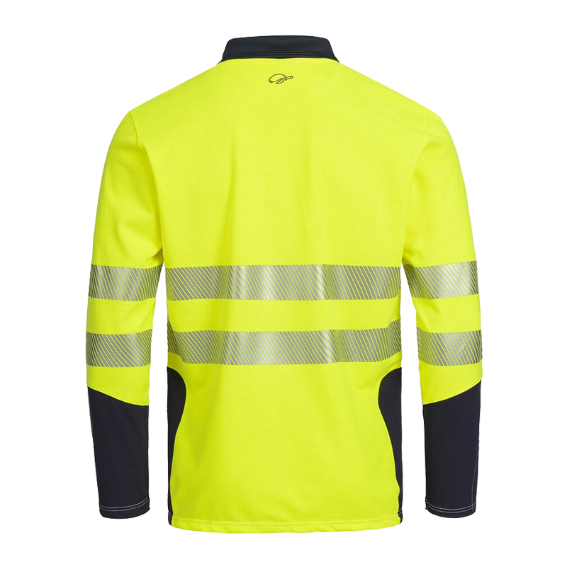 Rückansicht des HB MODarc & vis MultiNorm Polo-Shirts langarm 4 kA | APC1 von HB Protective Wear in Gelb mit dunklen Ärmeln und Reflexstreifen