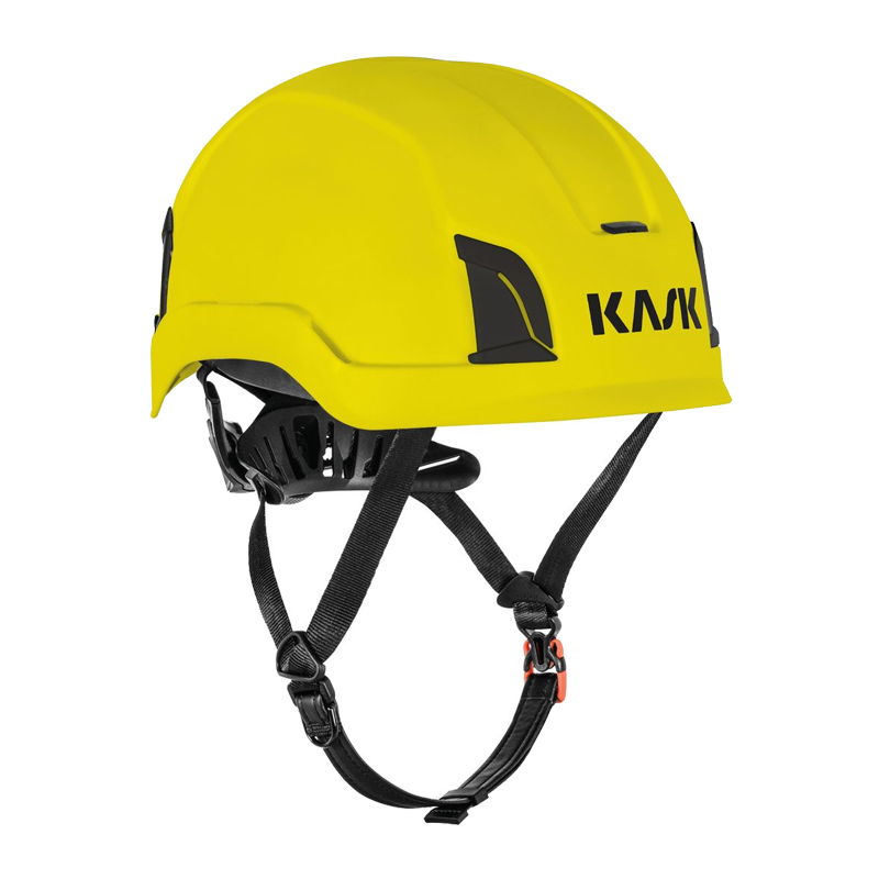 Gelber Kask Zenith X MAX Industriehelm für große Köpfe bis 66 cm mit Kinnriemen und schwarzem Innenfutter, Seitenansicht