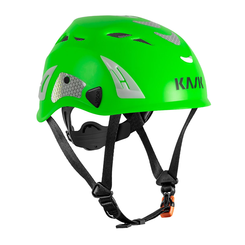 Kask SUPERPLASMA AQ HI VIZ Industriehelm EN 397, leuchtgrüner Schutzhelm mit Belüftungsöffnungen, Reflektorelementen und Kinnriemen