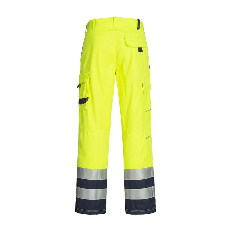 Rückansicht der HB MODarc & vis MultiNorm Hose 4 kA | APC1 von HB Protective Wear, gelbe flammhemmende und antistatische Warnschutzhose mit Reflexstreifen und Schutz vor Störlichtbogen Klasse 1