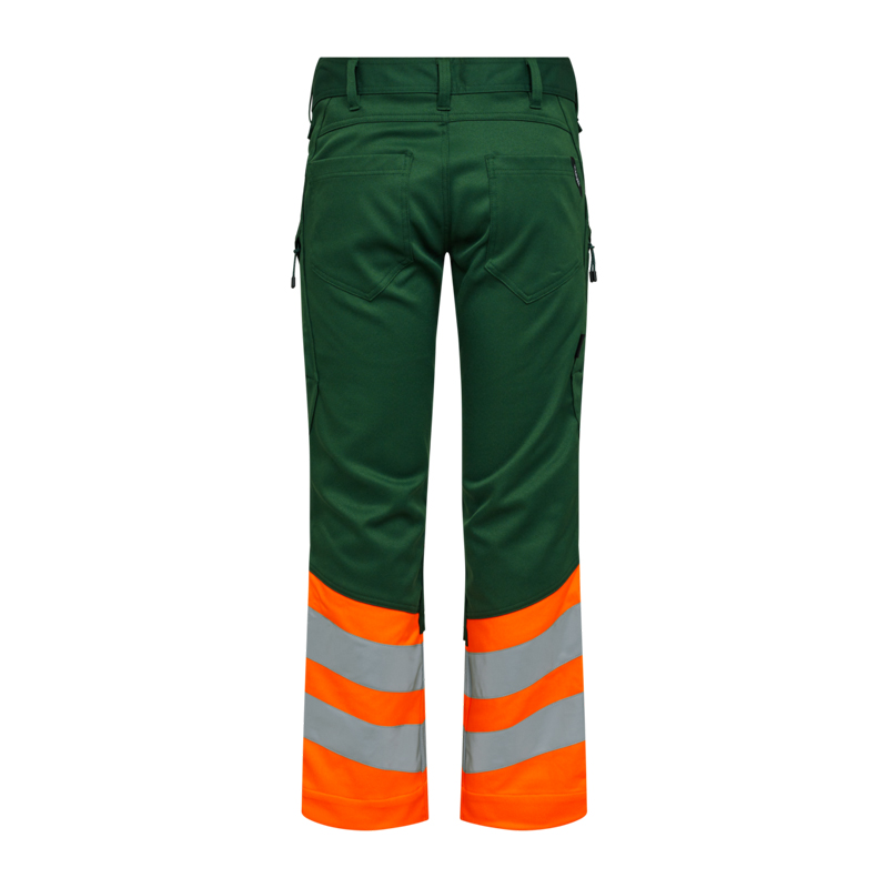 Rückansicht der ENGEL Safety Stretch Warnschutz Hose Klasse 1 2546-314 in Grün und Orange mit breiten Reflexstreifen an den Beinen