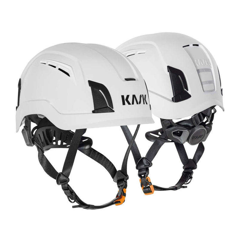 Zwei Ansichten des Kask Zenith X MAX AIR Industriehelms in Weiß für große Köpfe bis 66 cm, mit Belüftung, Kinnriemen und Drehverschluss