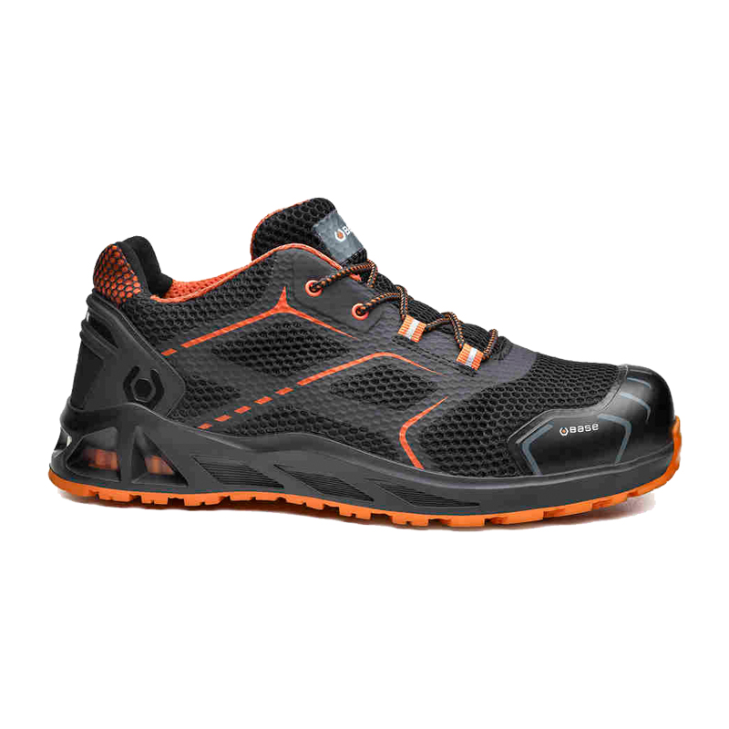 BASE K-Step S1PS Sicherheitsschuh HRO B1004A von BASE, Schwarz-Orange, Seitenansicht, atmungsaktives Obermaterial mit robuster Schutzkappe