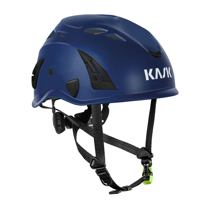 Blauer Kask KASK SUPERPLASMA PL Kletterhelm EN 12492 mit Belüftungsöffnungen und Kinnriemen in Seitenansicht