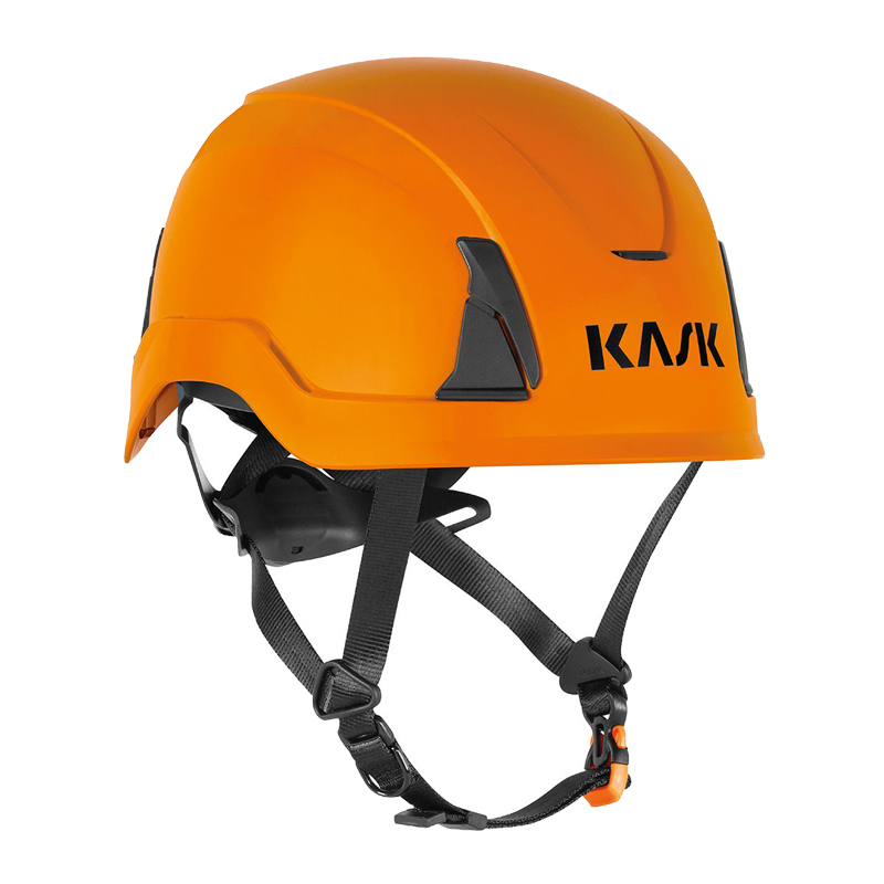 Oranger KASK PRIMERO Industriehelm von Kask mit Kinnriemen, Seitenansicht, zertifiziert nach EN 397 und EN 50365