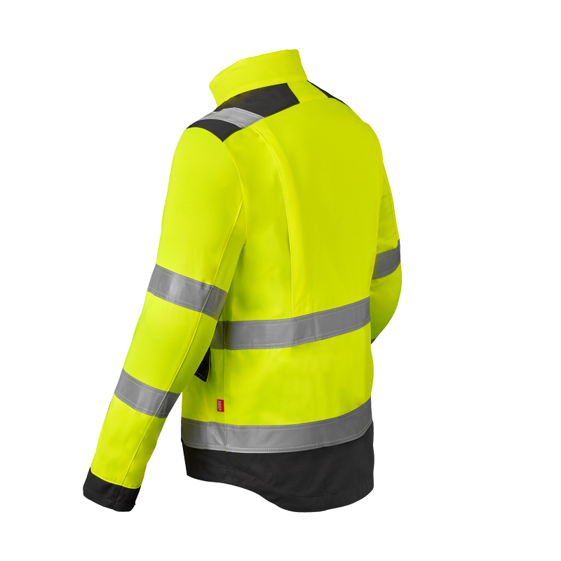 Rückenansicht der HaVeP Multi Protector+ MultiNorm Warnschutz Jacke Klasse 2 APC1 in Fluoreszenzgelb mit Reflexstreifen und dunklen Kontrastbereichen