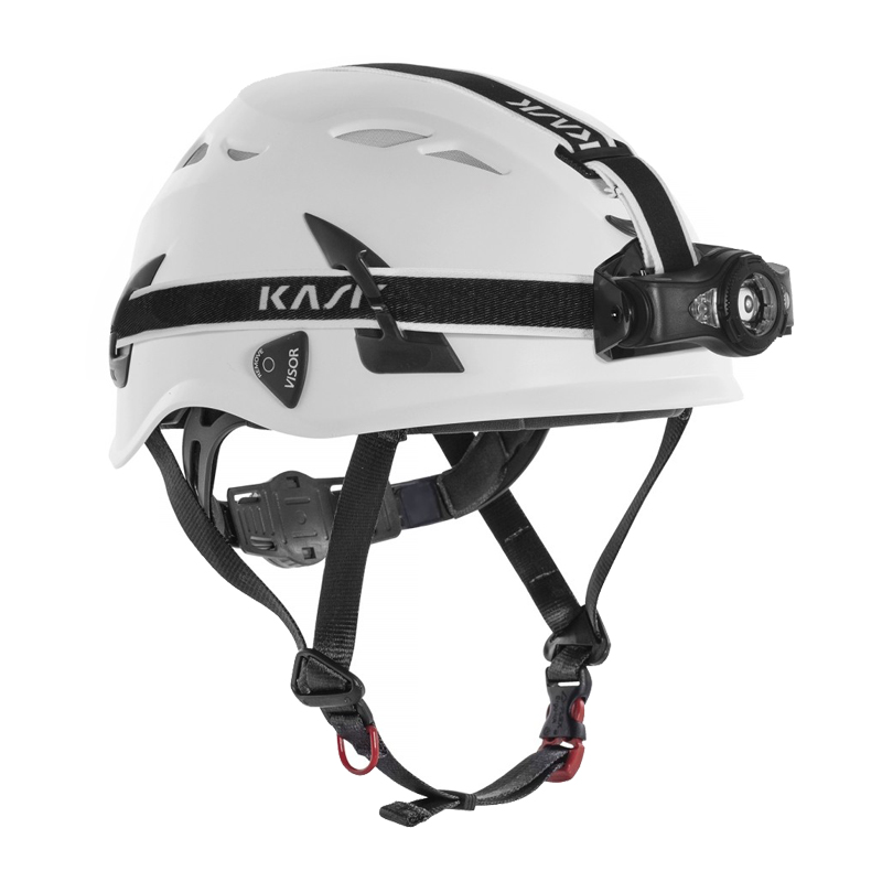 KASK KL-1 Head Lamp Stirnlampe IP54 mit 2 Funktionen, montiert an einem weißen KASK Industriehelm als leistungsstarke LED-Arbeitsbeleuchtung