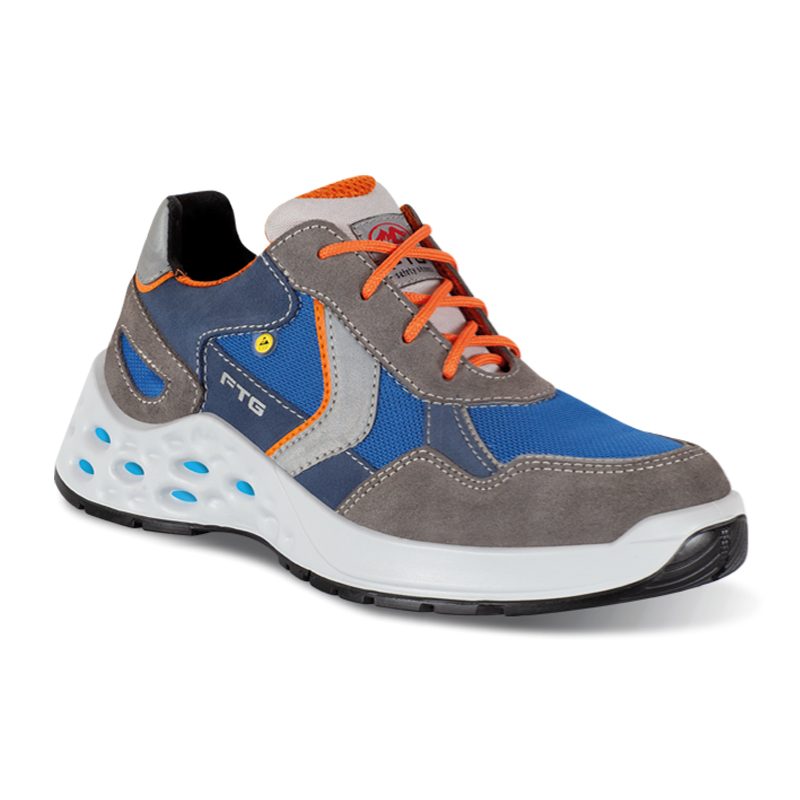 FTG Color S1PS ESD Sicherheitsschuh aus der Dynamic Line, niedriger Arbeitsschuh aus Wildleder und HIGH-TEX in Blau-Grau mit orangefarbenen Schnürsenkeln