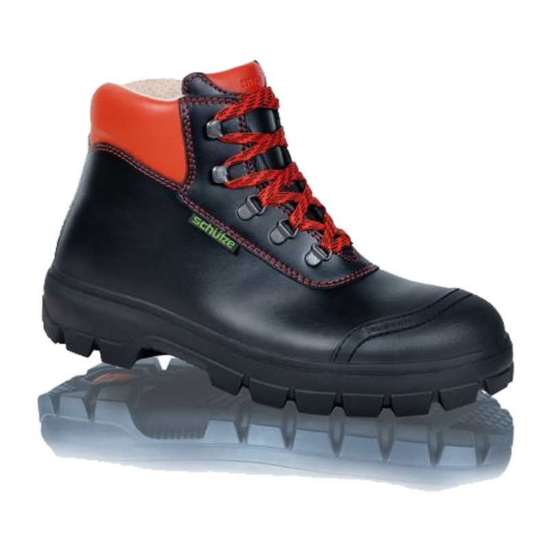 SCHÜTZE Schütze 8313 S3 Sicherheitsstiefel mit Lederinnenfutter in Schwarz-Rot, robuster Arbeitsstiefel mit griffiger Sohle und Schnürung