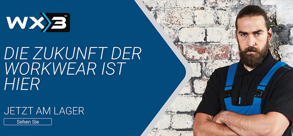 Werbebanner für wx3 Workwear: bärtiger Handwerker in blauer Latzhose vor Backsteinwand mit dem Slogan Die Zukunft der Workwear ist hier