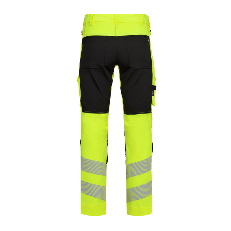 Rückansicht der ENGEL Safety Stretch Warnschutz Hose Klasse 2 2345-124 in Gelb/Schwarz mit reflektierenden Streifen