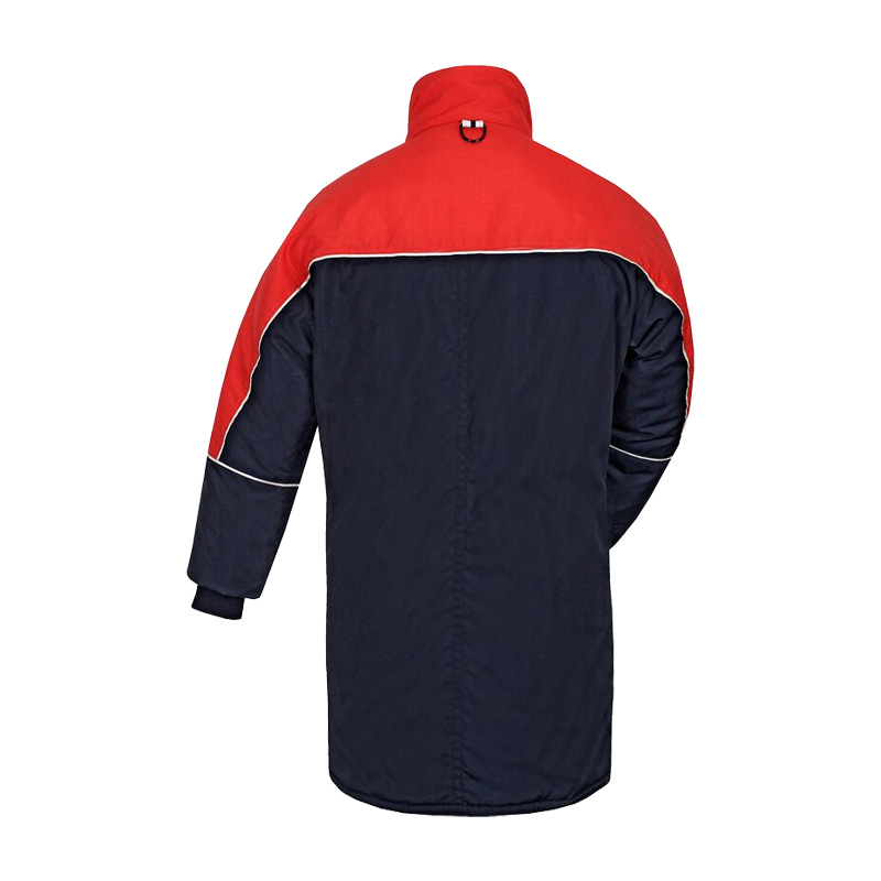 Rückansicht des TEMPEX COMFORT Gefrierhaus Besuchermantels von HB Protective Wear in Rot und Dunkelblau, Kälteschutzmantel für Kühlhaus und Tiefkühlbereiche bis -49 °C